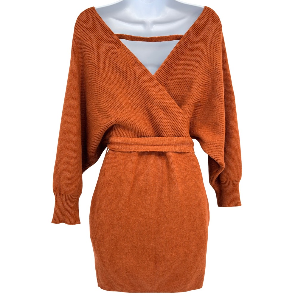 Lulus Ribbed Batwing Knit Wrap Sweater Dress Rust‎ Belted LG Bodycon Resortcore - Picture 4 of 9